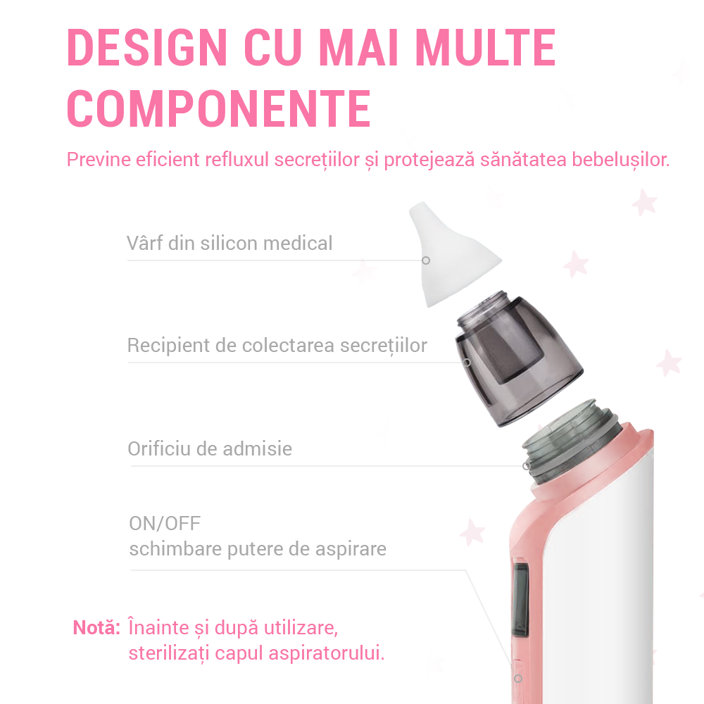 Aspirator nazal electric Ima Baby pentru bebelusi si copii silentios cu 2 capete de silicon roz - 2 | YEO