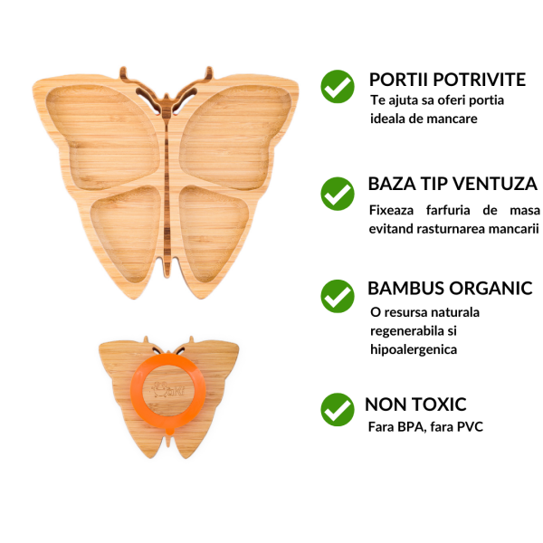 Farfurie fluturas din bambus organic cu baza tip ventuza Oaki portocaliu Alimentatie imagine noua responsabilitatesociala.ro