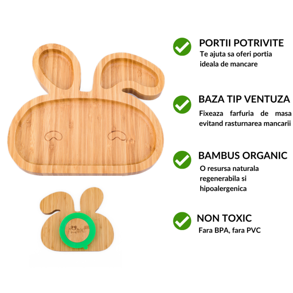 Farfurie iepuras Oaki din bambus organic cu baza tip ventuza albastru - 1 | YEO