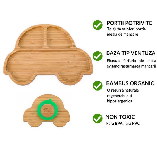 Farfurie masinuta din bambus organic cu baza tip ventuza Oaki albastru - 1 | YEO