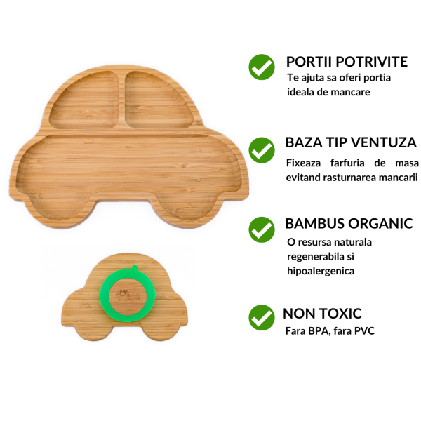 Farfurie masinuta din bambus organic cu baza tip ventuza Oaki roz Alimentatie imagine noua responsabilitatesociala.ro