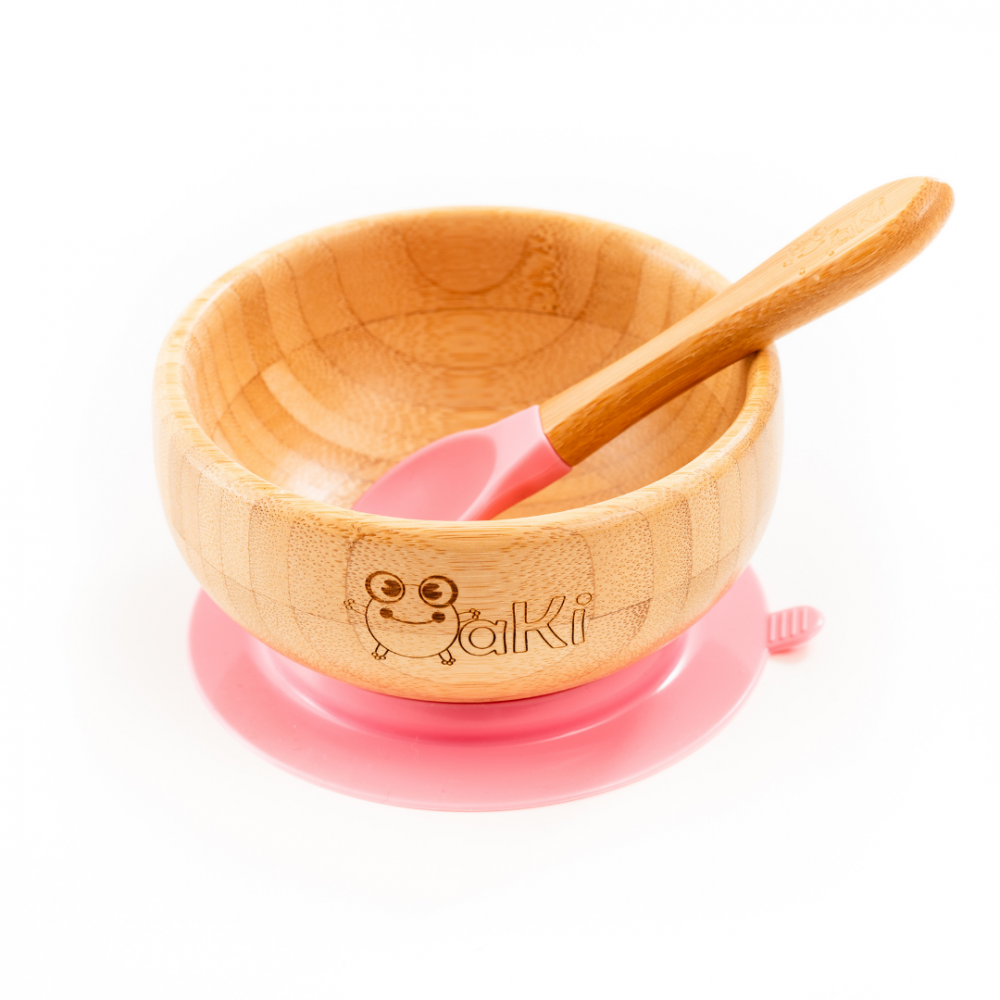 Set diversificare pentru copii castron si lingurita din bambus Oaki roz