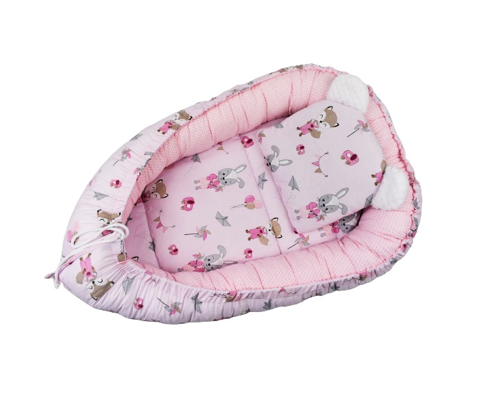 Baby Nest 3 in 1 din bumbac cu salteluta si pernuta inclusa Rabbit with Pink Baloons