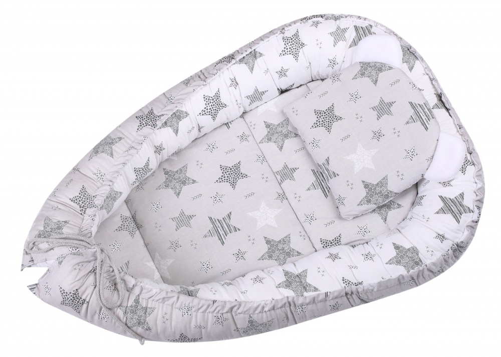 Baby Nest 3 in 1 din bumbac cu salteluta si pernuta inclusa Grey Stars