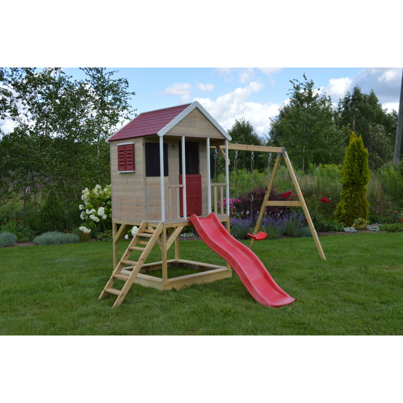 Casuta de gradina Summer Adventure House cu platforma cu loc pentru nisip tobogan si leagan dublu (M