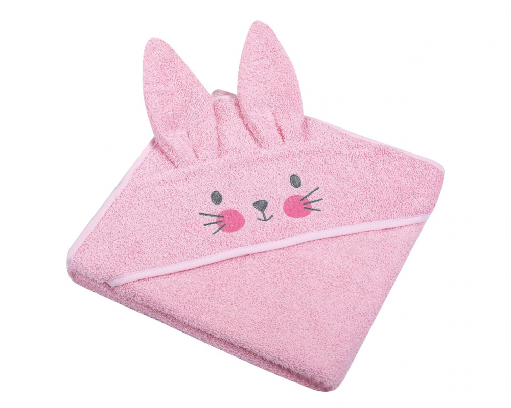 Prosop cu gluga brodata si cu urechi 80x80 cm Pink Rabbit