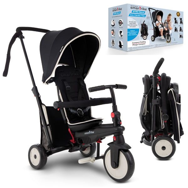 Tricicleta pentru copii Smart Trike STR3 Negru 6 in 1 ultrapliabila, dotata cu frana, scaun rabatabil, sistem patentat cu tehnologie Touch Steering, varsta 10 luni+ - 1 | YEO