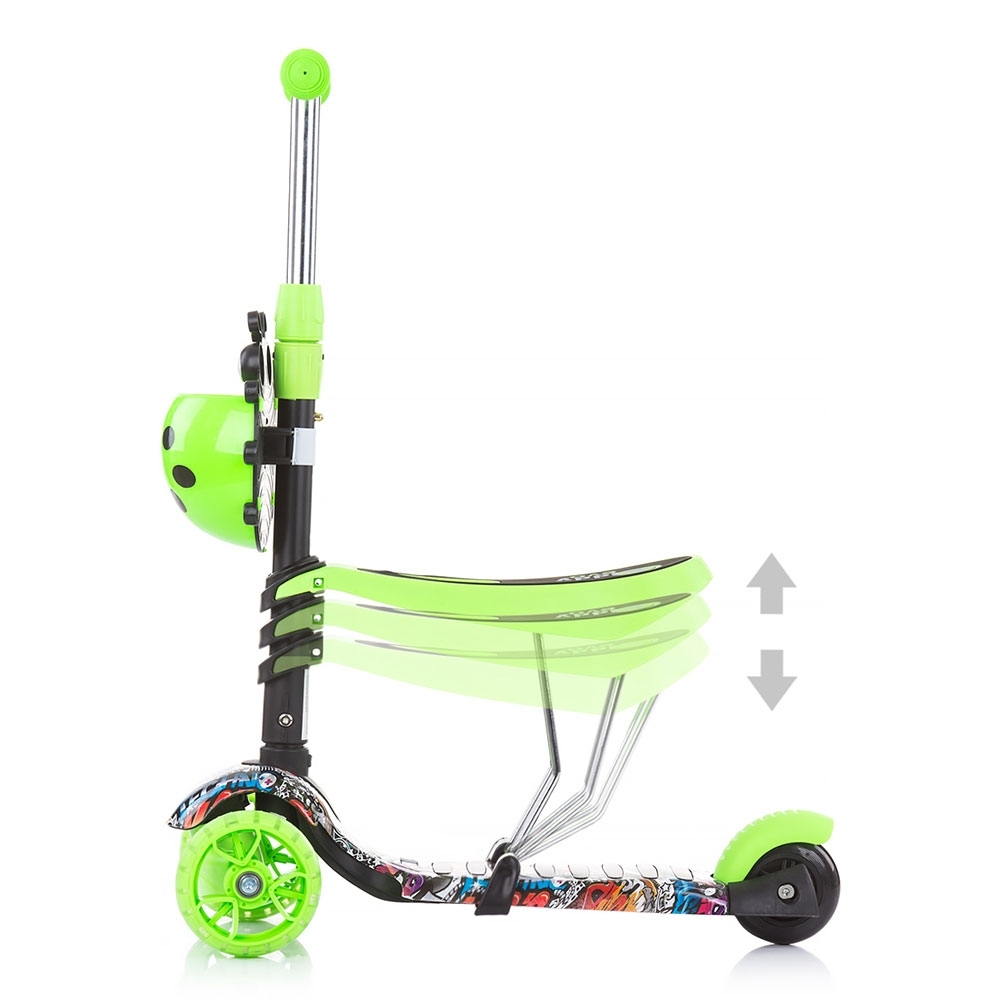 Trotineta 3 in 1 Chipolino Kiddy Evo Green Graffiti cu maner, sezut, cos, ghidon reglabil, roti cu lumini, greutate admisa 20 kg - 4