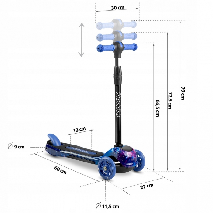 Trotineta Ricokids cu roti LED Piko negru albastru, ghidon reglabil, din aluminiu, greutate suportata 35 kg, varsta 3 ani+ - 5