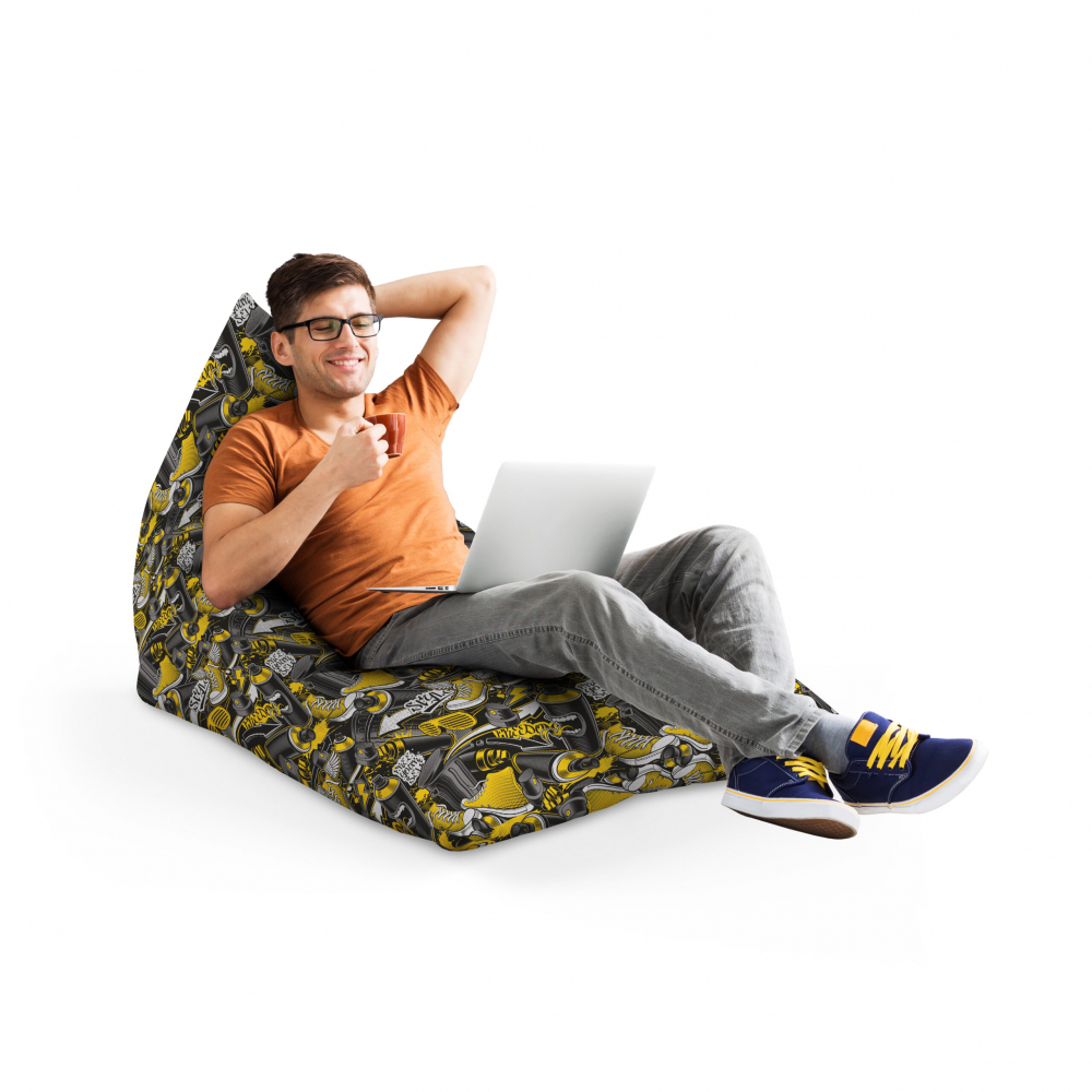 Fotoliu Puf Bean Bag tip Lounge Graffiti retro negru si galben - 1 | YEO