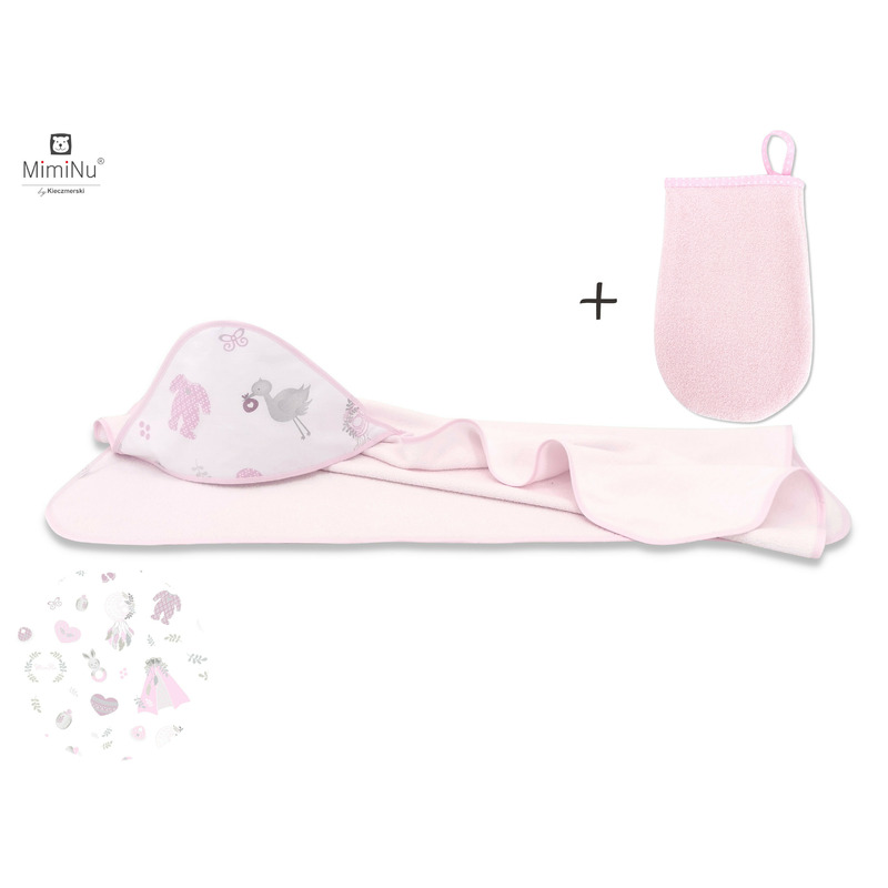 Set MimiNu prosop mare cu gluga 100x100 cm + Manusa de baie bebelusi 12x21 cm Baby Shower Pink