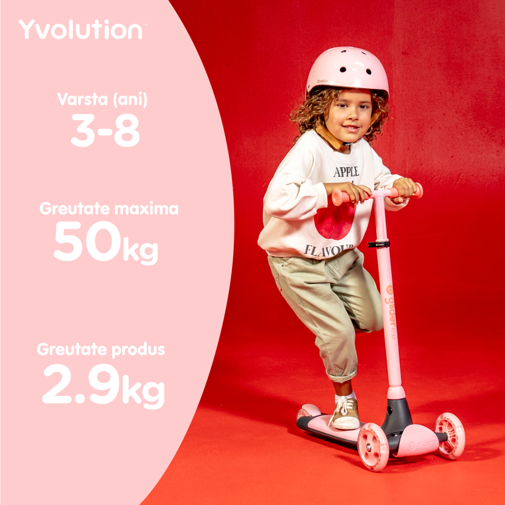 Trotineta cu 3 roti Yvolution Y Glider kiwi pink, roti Led, ghidon reglabil, greutate admisa 50 kg - 4