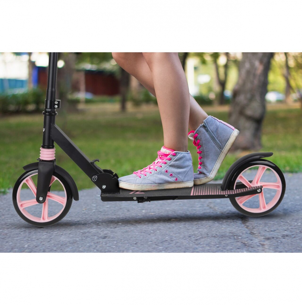 Trotineta pliabila, cu platforma antiderapanta, suspensii, roti PU 200 mm, Frana spate, manere ergonomice din spuma, greutate maxima admisa 100kg  City Scooter Black  Pink - 2