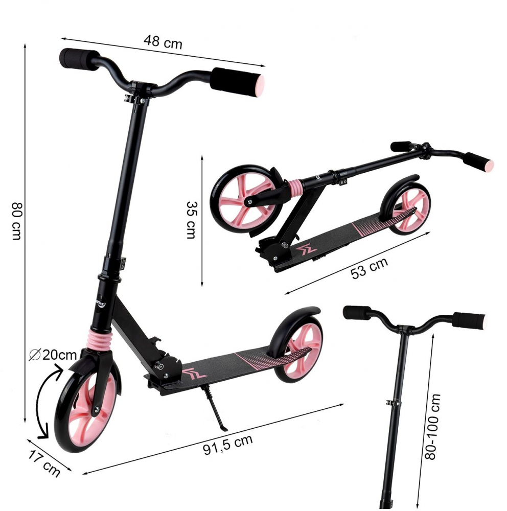 Trotineta pliabila, cu platforma antiderapanta, suspensii, roti PU 200 mm, Frana spate, manere ergonomice din spuma, greutate maxima admisa 100kg  City Scooter Black  Pink - 6