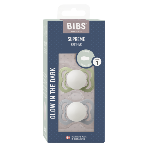 Set 2 suzete bibs supreme fosforescente glow tetina simetrica 0 luni +