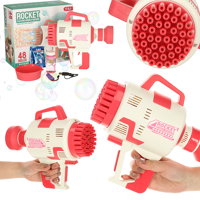 Pistol cu baterii pentru baloane de sapun cu 48 de orificii Rocket Roz