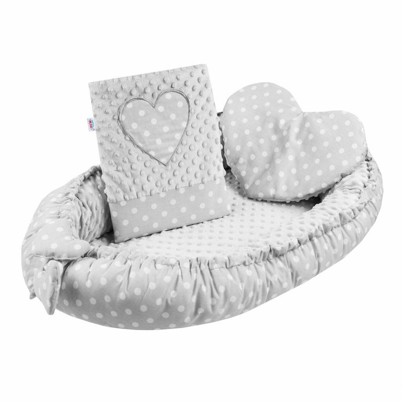 Set New Baby 3 piese Luxury Baby Nest cu doua fete cu paturica si pernuta in forma de inima Minky Heart Grey - 1 | YEO