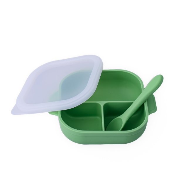 Set castron, farfurie cu ventuza, lingurita si capac verde pal - 2 | YEO