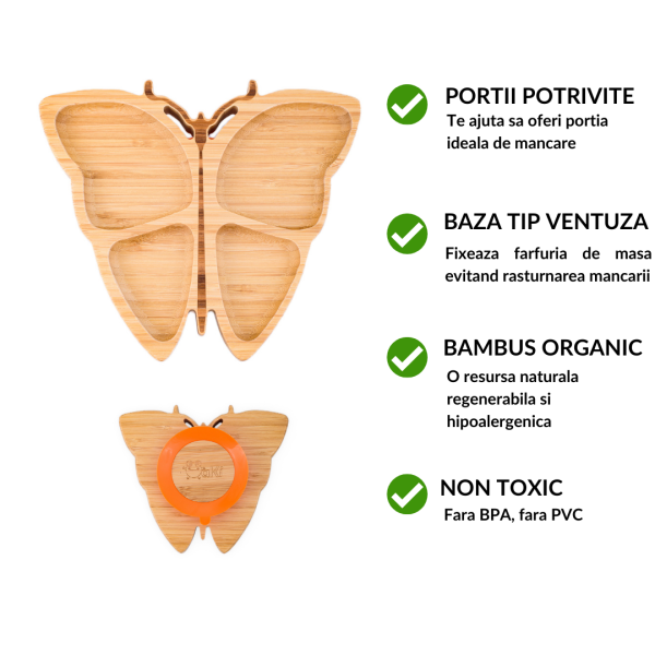 Set diversificare castron si farfurie fluturas din bambus cu lingurita Oaki portocaliu - 2 | YEO