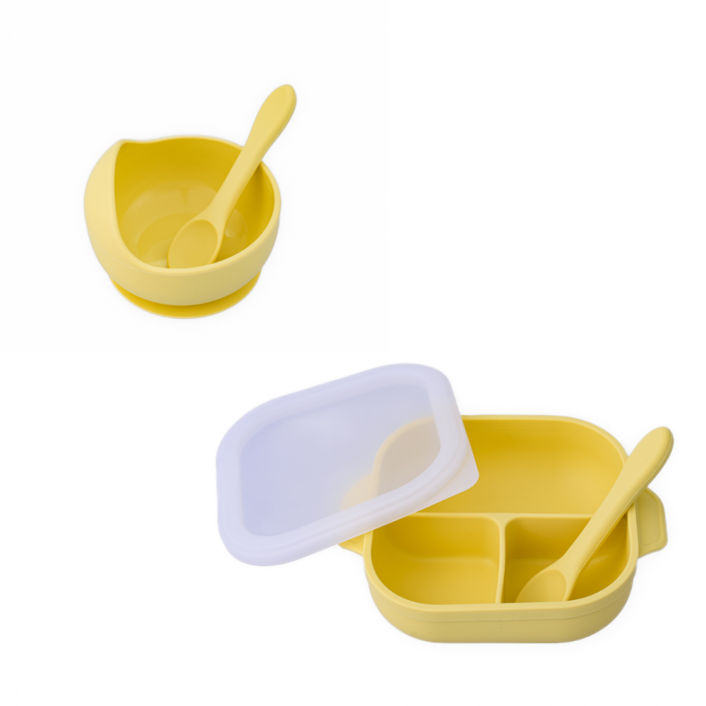 Set castron, farfurie cu ventuza, lingurita si capac galben pal