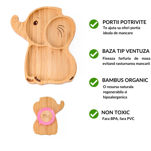 Farfurie elefant din bambus organic cu baza tip ventuza Oaki roz - 1 | YEO