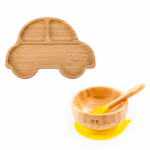 Set diversificare pentru copii castron si farfurie masinuta din bambus cu lingurita Oaki galben