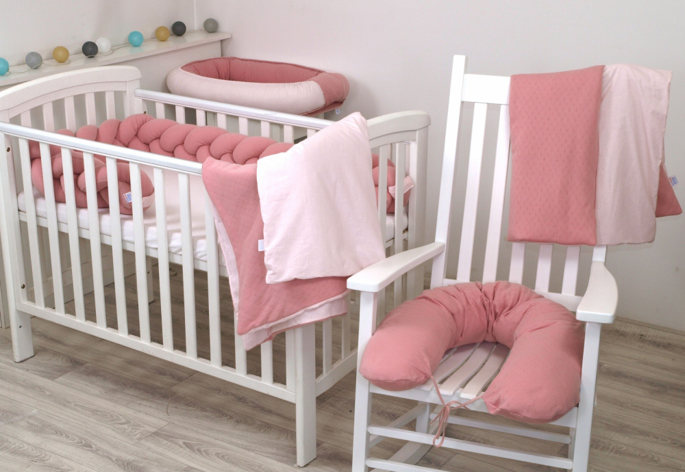 Aparatoare laterala pat bumper impletit cu inchidere velcro bumbac tricot roz 180x21 cm - 3