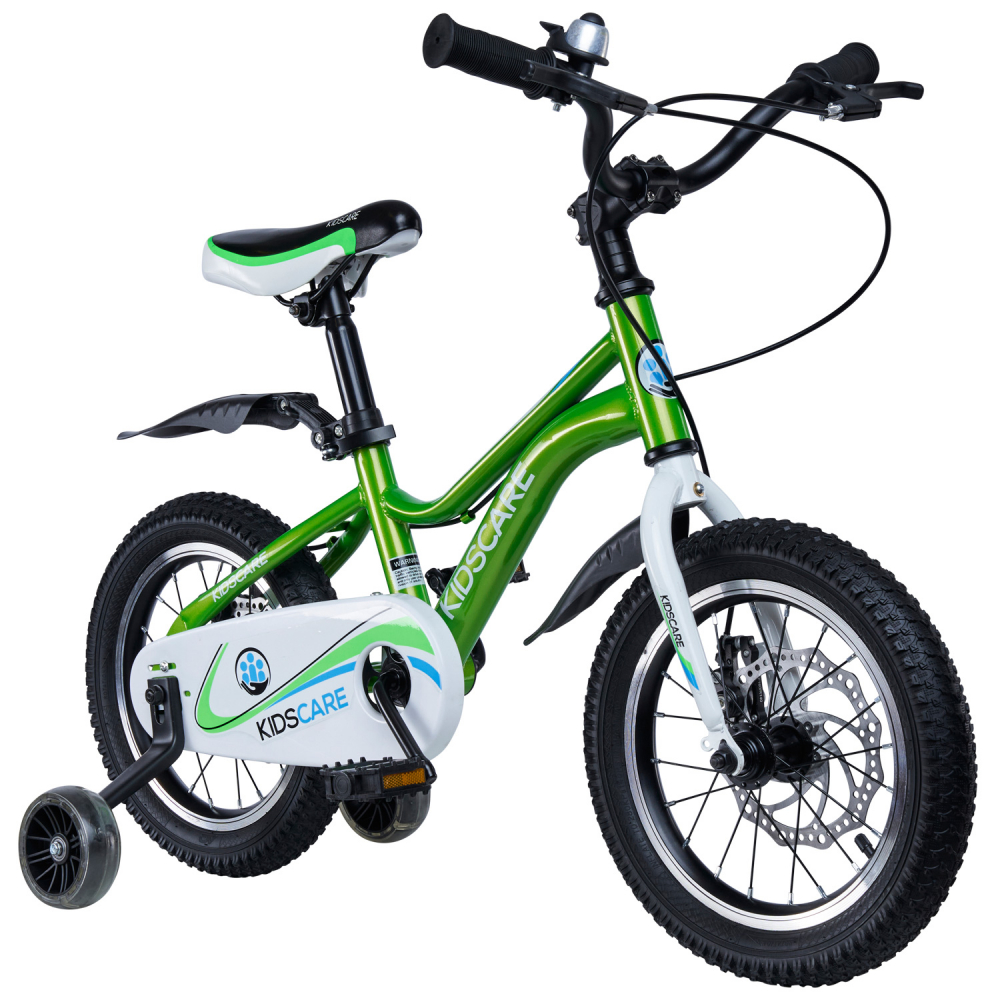 Bicicleta pentru copii 2-4 ani KidsCare HappyCycles 12 inch cu roti ajutatoare si frane pe disc verde - 5