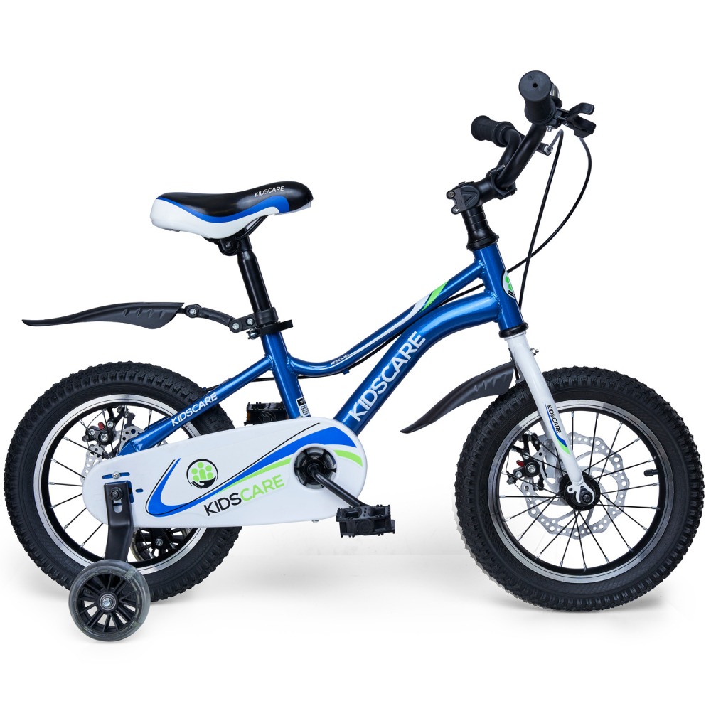 Bicicleta pentru copii 2-4 ani KidsCare HappyCycles 12 inch cu roti ajutatoare si frane pe disc albastru KidsCare imagine noua responsabilitatesociala.ro