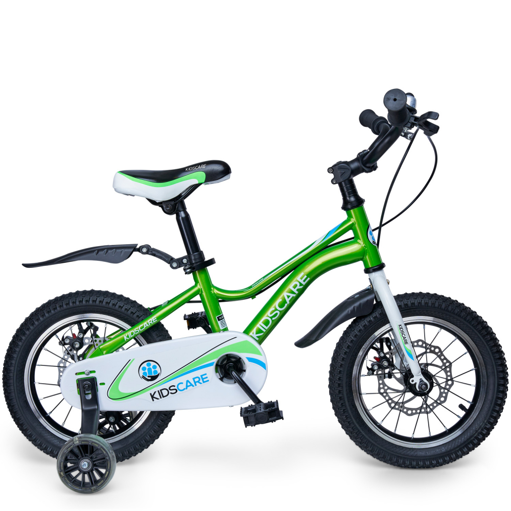 Bicicleta pentru copii 2-4 ani KidsCare HappyCycles 12 inch cu roti ajutatoare si frane pe disc verde KidsCare imagine noua responsabilitatesociala.ro