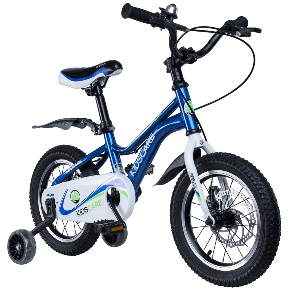 Bicicleta pentru copii 5-8 ani KidsCare HappyCycles 16 inch cu roti ajutatoare si frane pe disc albastru