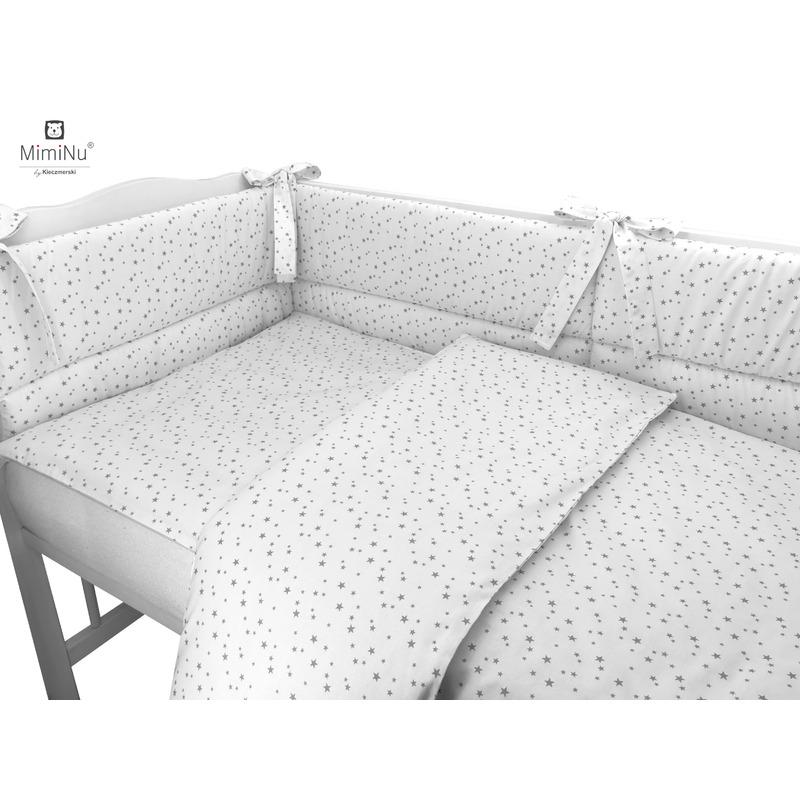 Set lenjerie patut 5 piese MimiNu cu pilota si perna din bumbac pentru patut 120x60 cm Mini Gray Stars - 1