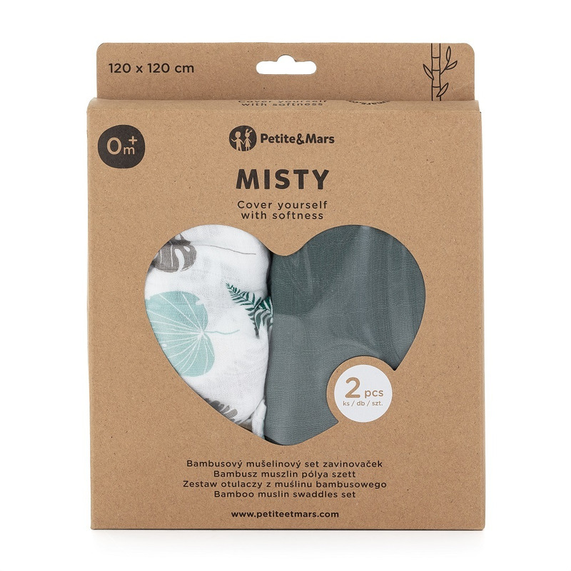 Set 2 scutece PetiteMars din muselina de bambus Misty Green Leaves hipoalergenice 120 x 120 cm multicolor - 4