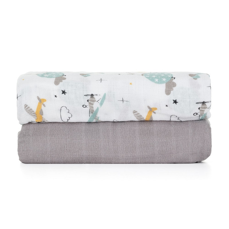 Set 2 scutece PetiteMars din muselina de bambus Misty Grey Planes hipoalergenice 120 x 120 cm multicolor - 1 | YEO