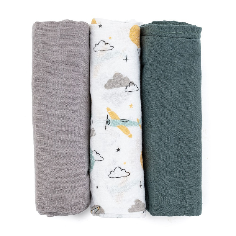 Set 3 scutece PetiteMars din muselina de bambus Moussy Grey Planes hipoalergenice 68 x 68 cm Multicolor