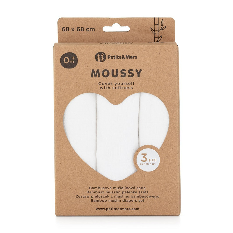 Poze Set 3 scutece PetiteMars din muselina de bambus Moussy Total White hipoalergenice 68 x 68 cm Alb nichiduta.ro 