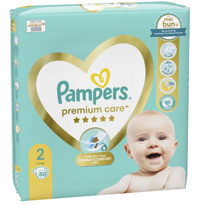 Scutece Pampers Premium Care Jumbo Pack marimea 2 nou nascut 4-8 kg 88 buc - 2 | YEO