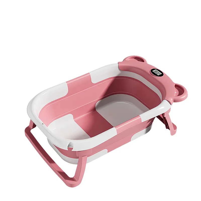 Set cadita pliabila cu hamac si Termometru cu display digital, sistem de agatare, Dop pentru evacuarea apei, Little Mom Bear Pink