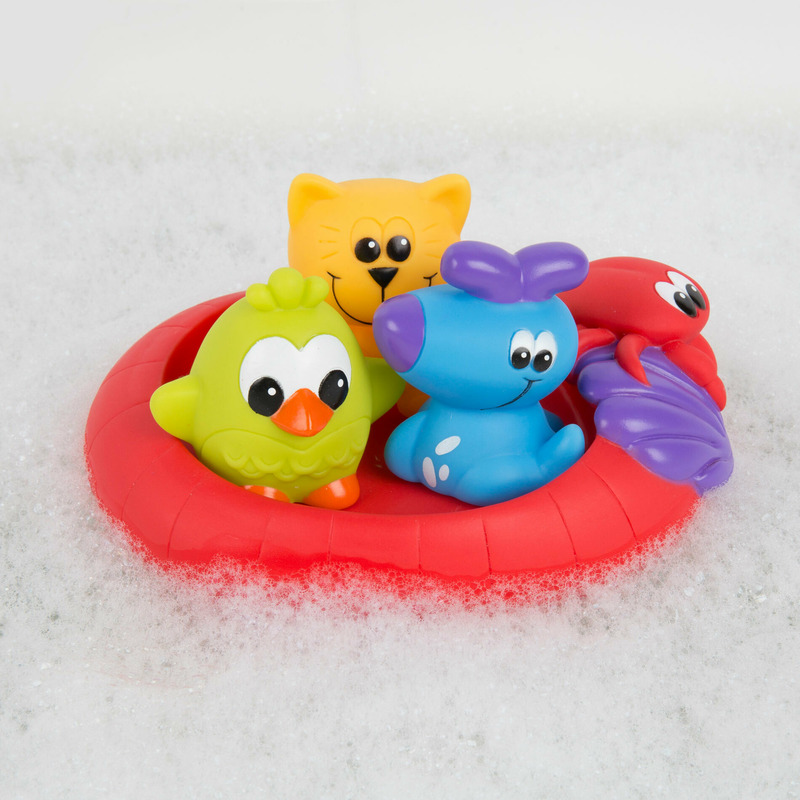 Set 3 animalute de baie si barca plutitoare rara gauri splash and float friends playgro multicolor