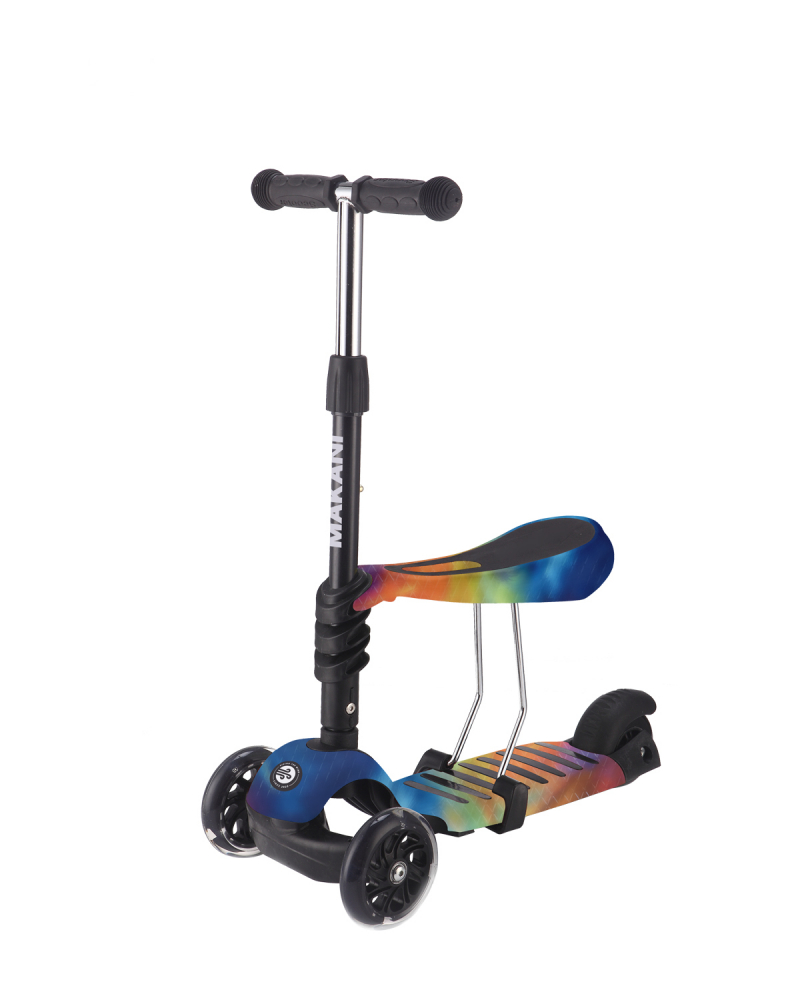 Trotineta Makani 3 in 1 Ride and Skate Rainbow, 3 roti cu LED, scaun reglabil, ghidon reglabil, greutate suportata 50 kg