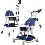 Scaun de masa pliabil pentru bebelusi Little Mom 3 in 1 Funny Dark Blue cu roti si functie de balansoar, multifunctional, centura de siguranta 5 Puncte, ajustabil pe inaltime, cos de depozitare, husa detasabila