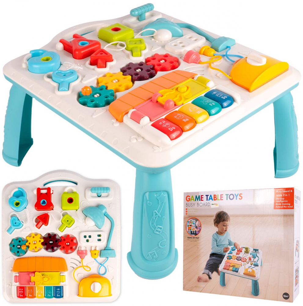 Masuta de activitati pentru copii Malplay Blue Lamp, cu picioare detasabile, angrenaje rotative, pian, forme de potrivit, dimensiune 41.5 x 38 x 21.7 cm