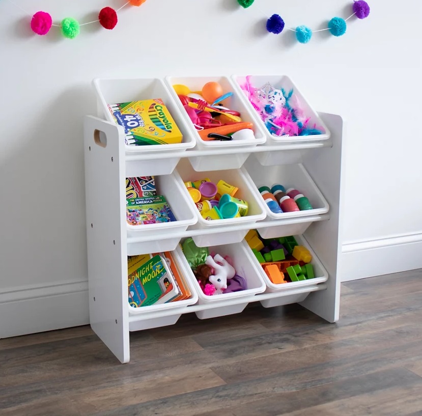 Organizator din lemn Ginger Home pentru jucarii cu 9 cutii din plastic Alb