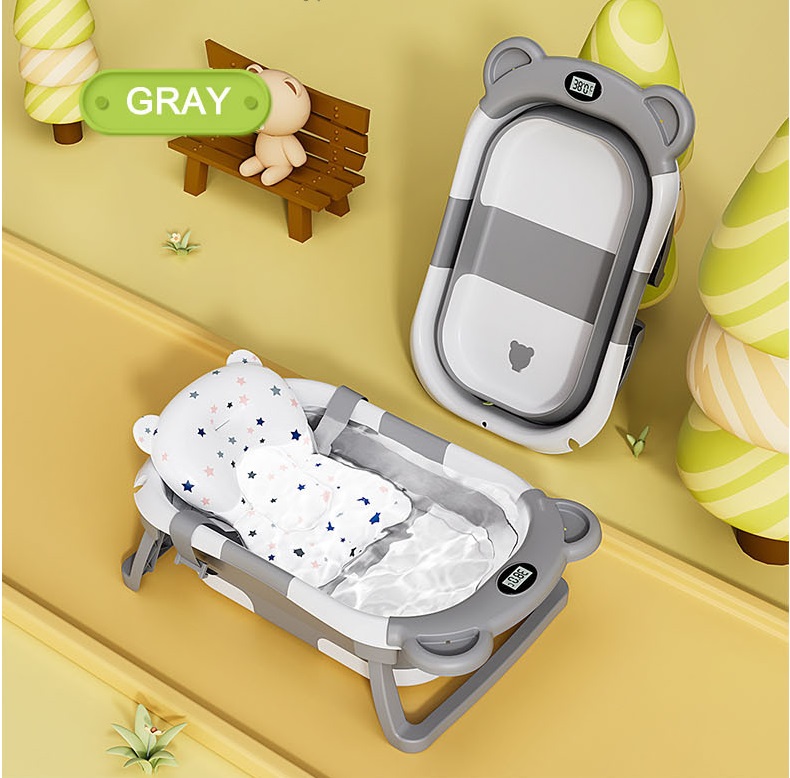 Cadita bebelusi ultrapliabila Little Mom Bear Grey, cu pernuta moale detasabila, termometru incorporat, display digital,suport cap de dus, sistem de agatare, dop pentru evacuarea apei, material Non-Toxic, 0-24 Luni - 3 | YEO