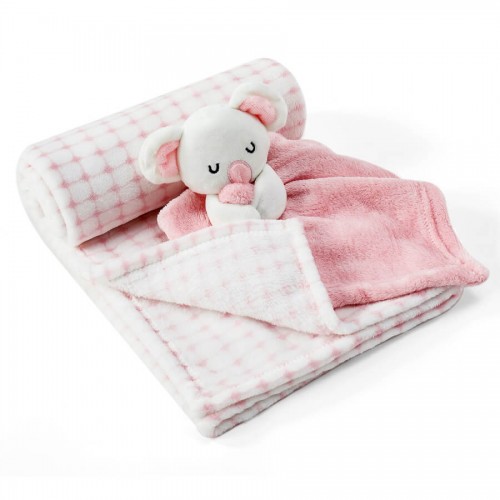 Set cadou pentru bebelusi cu paturica din fleece si jucarie ursulet roz - 1