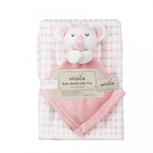 Set cadou pentru bebelusi cu paturica din fleece si jucarie ursulet roz - 2