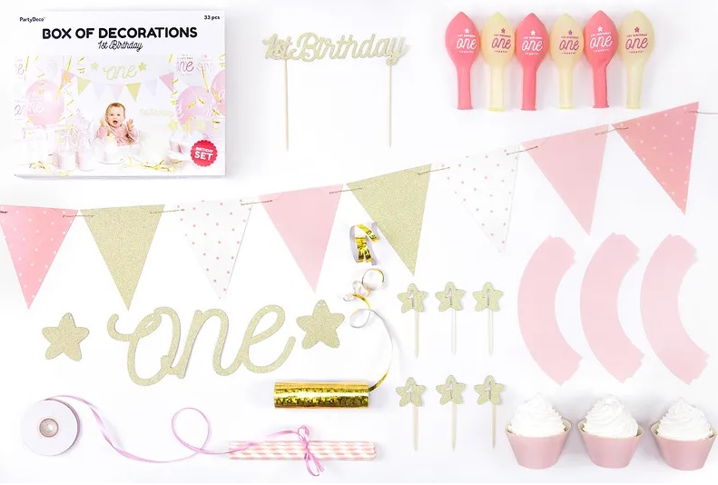 Set decoratiuni petrecere First Birthday cu 33 elemente Pink Gold