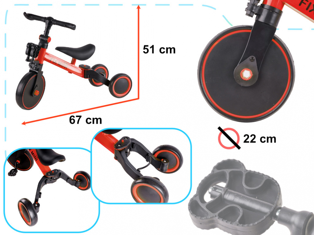 Tricicleta pentru copii Ikonka Trike Fix Red cu pedale, 3 in 1, ghidon si sa reglabile, cadru din otel, roti din spuma pentru copii cu varsta cuprinsa intre 1,5 si 4 ani si 30kg - 3 | YEO