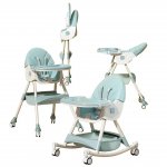 Scaun de masa pliabil pentru bebelusi Little 3 in 1 Funny Light Green cu roti si functie de balansoar, multifunctional, centura de siguranta 5 Puncte, ajustabil pe inaltime, cos de depozitare, husa detasabila