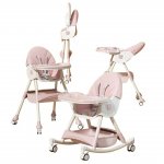 Scaun de masa pliabil pentru bebelusi Little 3 in 1 Funny Pink cu roti si functie de balansoar, multifunctional, centura de siguranta 5 Puncte, ajustabil pe inaltime, cos de depozitare, husa detasabila